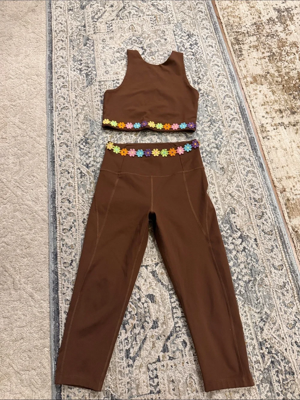 girlfriend collective Brown Floral-Trim High-Waist Leggings & Crop Top Set